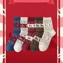 5 双鹿印花厚袜子，舒适温暖的圣诞中筒袜，适合女士，秋冬季