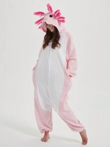 Pink Salamander Cosplay Cartoon One Piece Pajamas, Purple Unisex Fleece Thickened Hooded Jumpsuit, Fall, Winter, Christmas Animal Cosplay Pajamas, Funny One Piece Outfit For Halloween Party