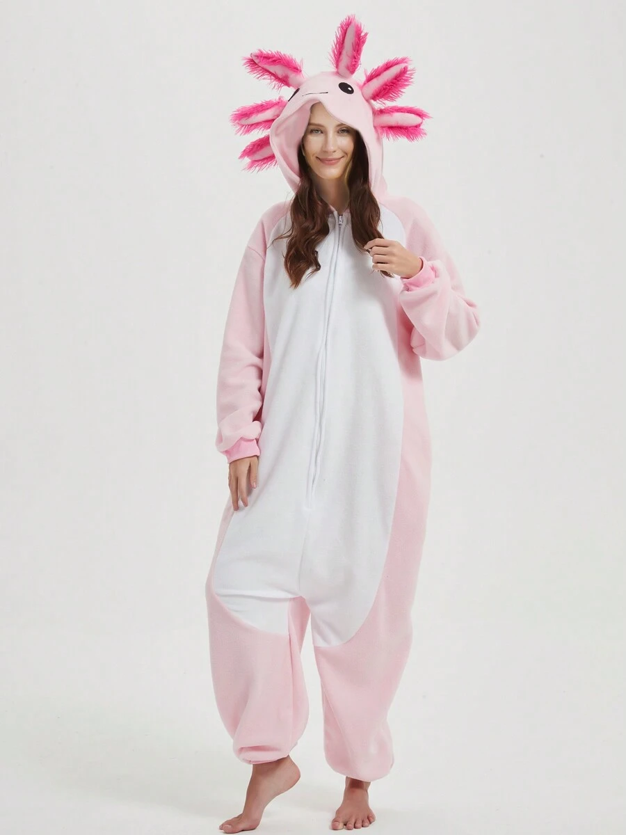 Pink Salamander Cosplay Cartoon One Piece Pajamas, Purple Unisex Fleece Thickened Hooded Jumpsuit, Fall, Winter, Christmas Animal Cosplay Pajamas, Funny One Piece Outfit For Halloween Party