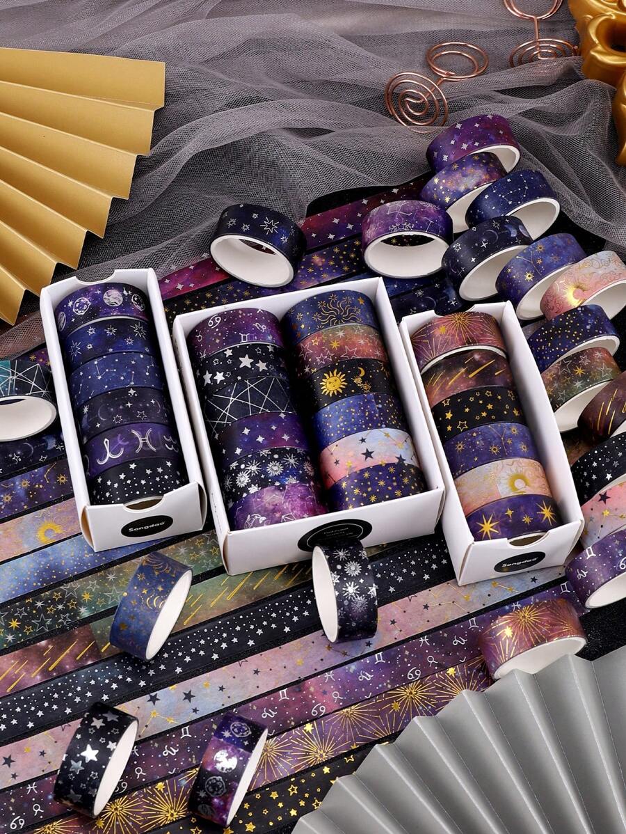 12/6rolls/Box Galactic Splendor Star Washi Tape,Scrapbook Supplies Tape Dispenser Washi Tape,Starry Sky Bronzing Washi Tape Set With Dream Planet Design(0.59*78.74in) Back To School