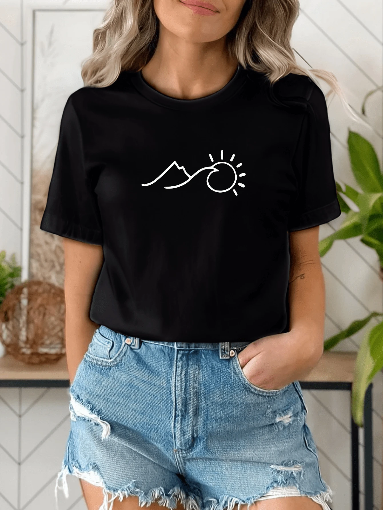 Women's Casual T-Shirt Ocean Sea Waves Sunset Beach Cotton Premium Mesh Promotion - 黑色 - 查看 1