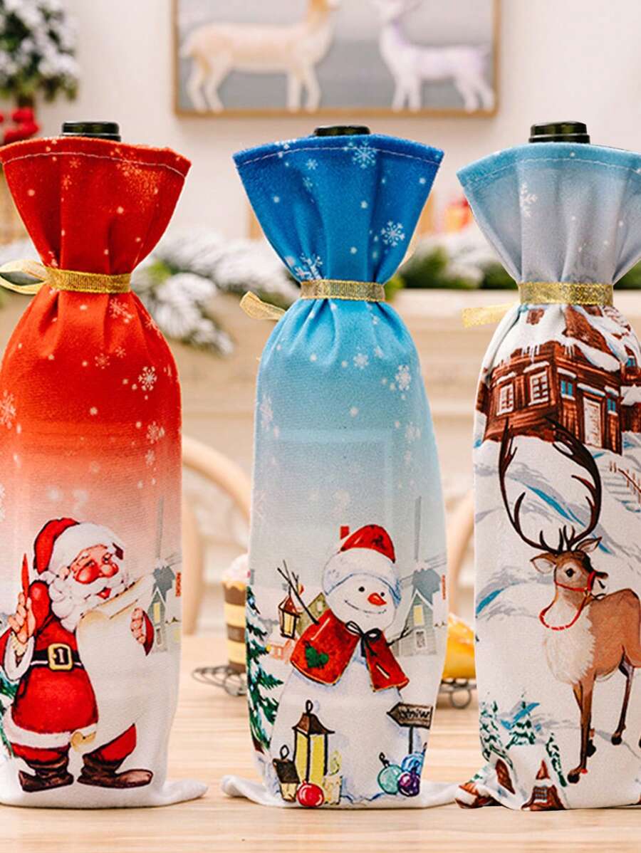 1pc Christmas Decoration Supplies, Holiday Plush Wine Bottle Cover, Cartoon Print Red Wine Bottle Sleeve, Champagne Bag, Christmas Restaurant Decor Accessories,Bottle Gift Sets, Home Decoration, Restaurant, Bar, Cafe, Wedding, Party Decoration, Friend Gift, Christmas Gift, New Year Gift.,Christmas Gifts,Merry Christmas - Multicolor - View 1