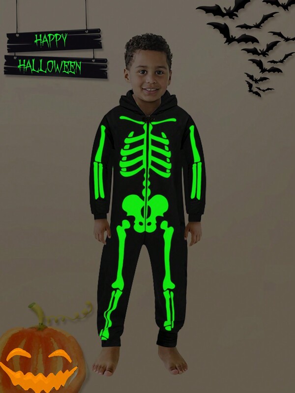 Young Boy Halloween Kids Long Sleeve Hooded Jumpsuit, Glow In The Dark Cartoon Skull Print Pattern, Holiday Party
