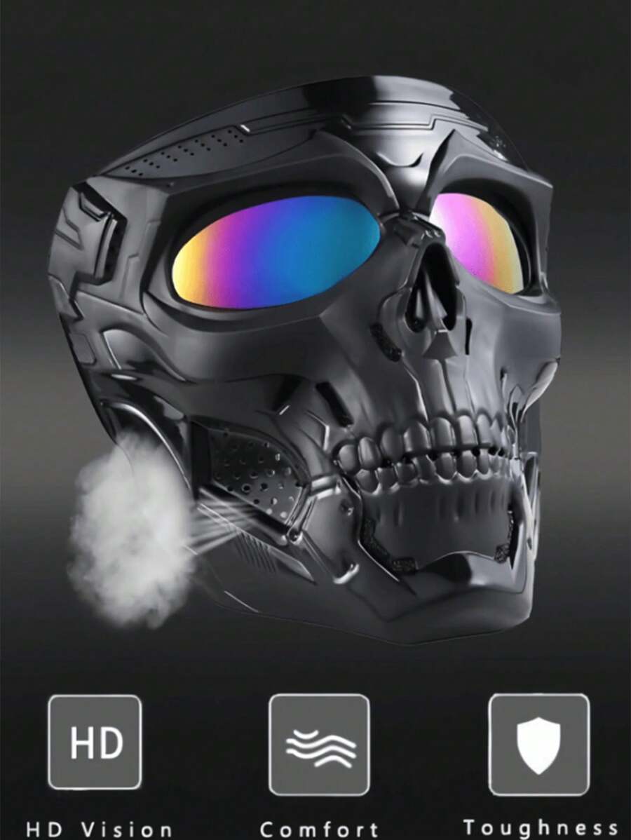 1款新款镀膜炫彩装扮骷髅信使面罩越野摩托车防风镜运动骑行哈雷防风镜摩托车骑行风镜战术头盔，适合户外骑行、登山徒步、沙滩浴、休闲度假等各种场景佩戴。（磨砂亮面不均匀属于正常工艺请拍清）万圣节