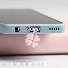 Universal Dust Plug Charm Decor Compatible With Iphone 5-IPhone 14 Smartphones, Lucky Four Leaf Clover Design - Pink - View 10