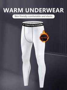 Leggings térmicos gruesos para hombre, con cintura con estampado de letras de unicolor, pantalones ajustados de longitud al tobillo para otoño e invierno