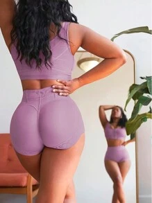 1pc Women High Waist Shapewear Shorts, High Waist Butt Lifting & Tummy Control Shorts, Lace Trim Shapewear Shorts For Daily Wear - Purple - View 3