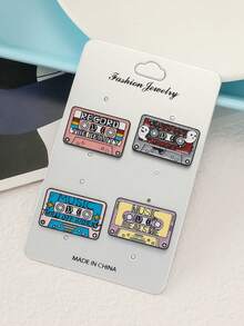 4pcs/Set Cute Cartoon Cat, Cassette Tape, Cactus Alloy Brooch Pins, Vintage Electroplated Black