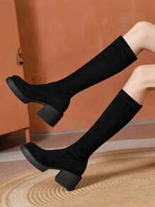 Overknee-Stiefel für Damen, Neu Herbst/Winter 2024, Runder Zehenbereich, Plateauabsatz, Stretch-Stoff Stiefel