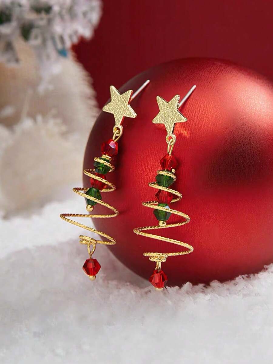 1 cặp bông tai hình cây thông Noel và ngôi sao hai màu thiết kế mới, món quà tinh tế dành cho phụ nữ - Nhiều màu - Xem 1