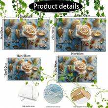 1pcs Wooden Framed Print Canvas Painting Print Artwork Very Suitable For Office Corridor Home Living Room Decoration White Rose With Golden Leaves, Love Text, Marble Background, Elegant Design