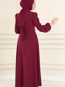 Elegant Women's High-End Solid Color Cinched Waist Maxi Dress - Red - View 3