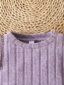 2 piezas Conjunto informal de blusa de manga larga de color liso y pantalones acampanados para niñas pequeñas, primavera/otoño - Púrpura malva - Ver 2