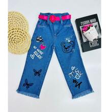 Girls' Wide Leg Bear Jeans With Belt - 深色水洗藍 - 查看 1