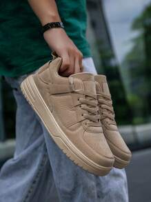 Men's Solid Color Personalized Splicing Low-Top Flat Shoes, Comfortable Lightweight Fashionable Versatile Outdoor Casual Sports Shoes, Couples Shoes - Khaki - View 4