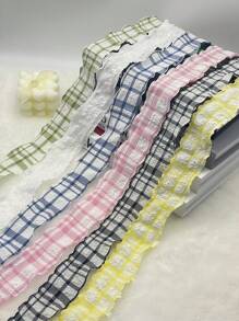 1 pieza Cinta a cuadros con volantes, cinta de satén a cuadros elegante, cinta de tul con flores para ramos, cinta decorativa para lazos - Multicolor - Ver 6