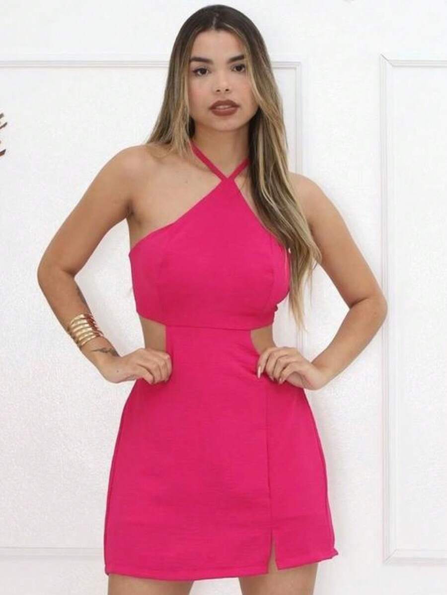 Luna Jumpsuit In Plain And Printed Duna Fabric With A Very Elegant Leg Slit - Màu Hồng Tươi - Xem 1