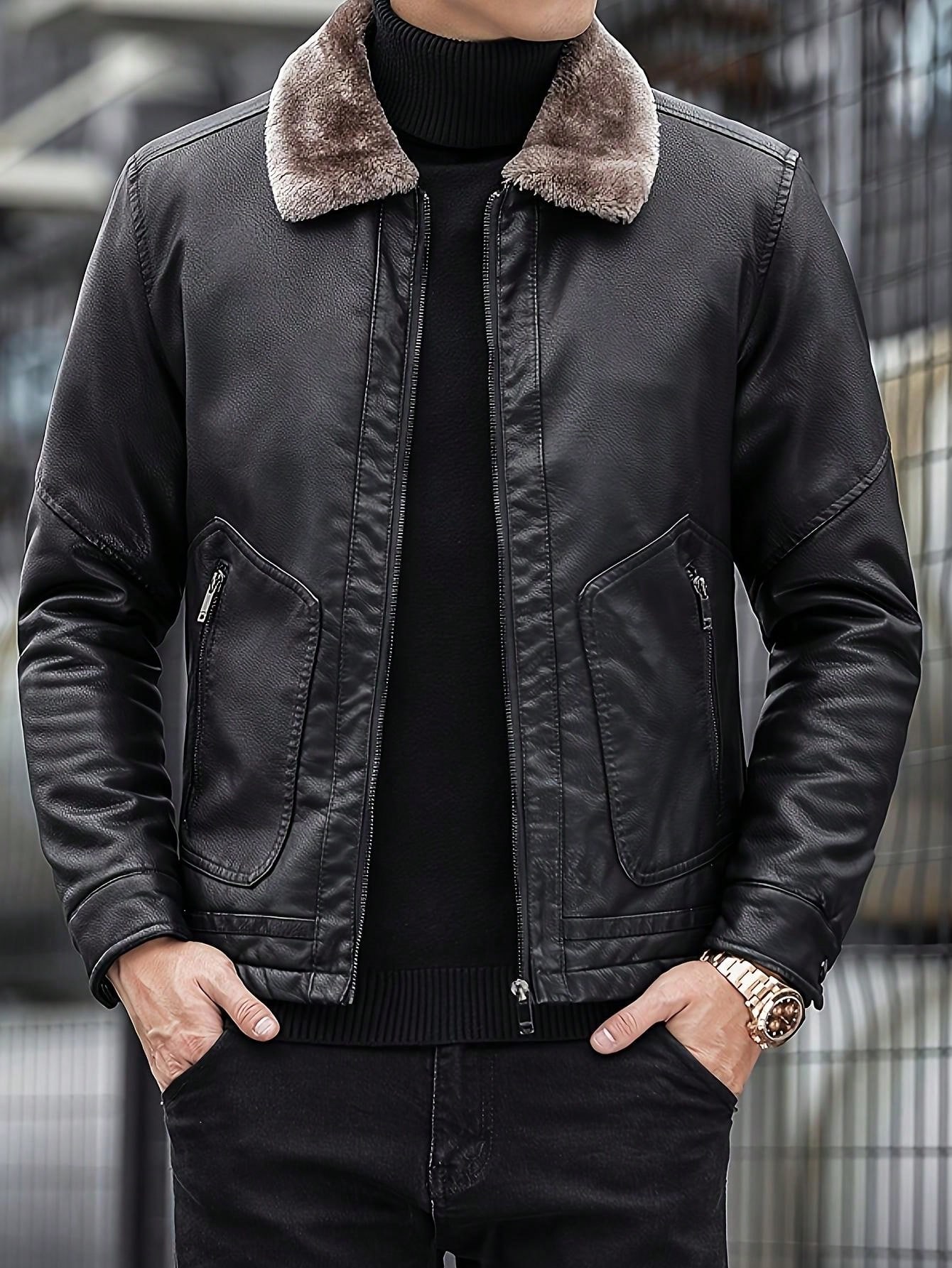 معطف جلدي مبطن بالفرو السميك للرجال، خريف/شتاء