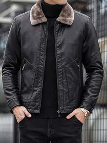 Men's Thickened Fleece Leather Jacket, Autumn/Winter