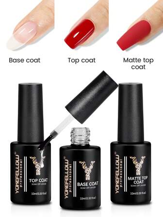  10ML YOKEFELLOW No Wipe Top Coat, Base Coat And Matte Top Coat Gel Nail Polish, Shine Finish And Long Lasting High Gloss, Nail Salon Supplies Soak Off UV LED, Nail Essentials For Nail Techs & Nail Art Salon DIY At Home For Women And Girls