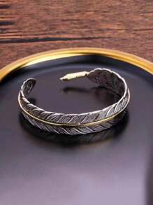 1pc Stainless Steel Feather Bangle, Adjustable Cuff Bracelet For Men, Daily Wear - Silver - View 3