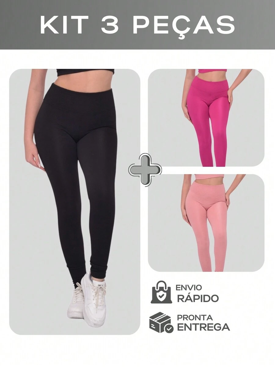Kit 3 Women's Leggings Gym Ribbed Fitness Sports Pants For Training High Waist Disguise Cellulite - Nhiều màu - Xem 1