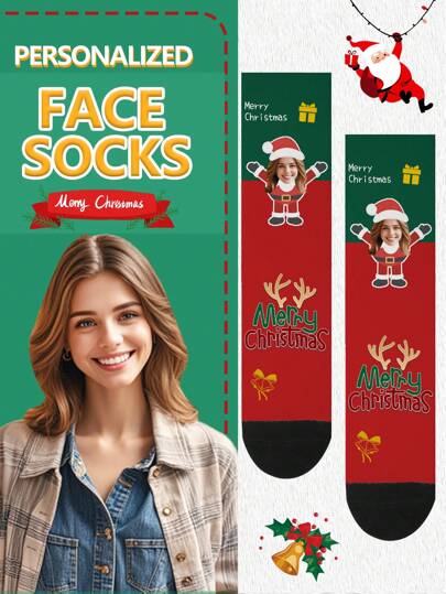 Face Socks 1 Pair Christmas Customized Face Printed Mid-Calf Socks, Men's And Women's Couple Socks, Personalized With Photo, Funny Couple Socks, Comfortable And Breathable, Creative Cartoon Design, Perfect For Holidays, Birthdays, Valentine's Day Gifts, Funny, Crazy, Anime, Multicolor Schooldays, Father Christmas Valentine's Father Christmas Gifts, Funny, Crazy, Anime, Multicolor Socks