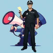 成人男式警察服装角色扮演警察成人万圣节服装警察服装 - 黑色 - 查看 1