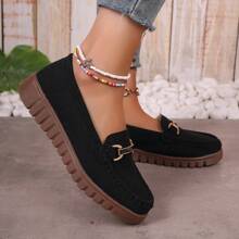 Women's Lightweight Suede Flat Loafers, Slip-On Metal Buckle Casual Shoes, All-Day Wear Comfortable Footwear - 黑色 - 查看 2
