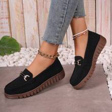 Women's Lightweight Suede Flat Loafers, Slip-On Metal Buckle Casual Shoes, All-Day Wear Comfortable Footwear - 黑色 - 查看 3