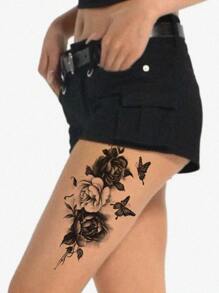 2 张纸质临时纹身，蝴蝶和玫瑰风格黑色临时纹身，花卉印花防水临时纹身，适用于女性手臂、腿、脚，男女通用人体艺术假纹身，防水防汗，适用于手臂、胸部、大腿、脚踝和腹部 - 易于粘贴和去除 - 黑色 - 查看 6