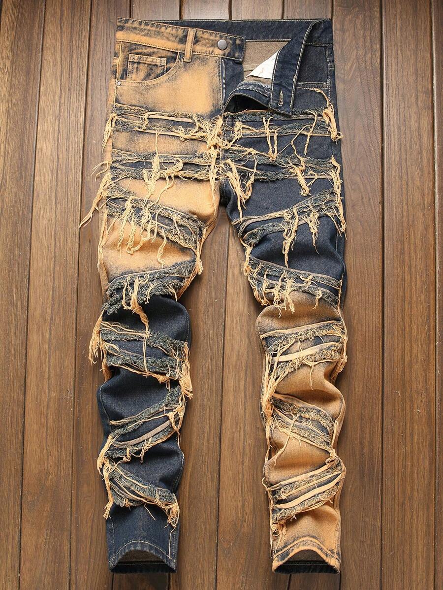 青少年男孩时尚直筒流苏牛仔裤，直筒流苏牛仔裤 - 彩色 - 查看 1