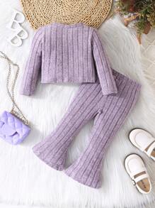 2 piezas Conjunto informal de blusa de manga larga de color liso y pantalones acampanados para niñas pequeñas, primavera/otoño - Púrpura malva - Ver 6