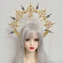 1pc Women's Golden Faux Pearl Chain Metal Lolita Angel Halo Sun Crown Headband, Suitable For Daily Wear, Cosplay, Photography Props Halloween