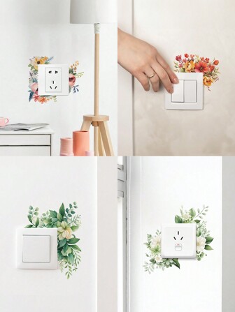 1pc Fresh Flower And Green Leaf Switch Sticker, Floral Decor Wall Switch Sticker For Living Room, Entryway,Stickers,Wall Decal, Vinyl Decal For Home Decorations,Spring Decoration Items Refresh Your Home,Rama Decoration Stickers