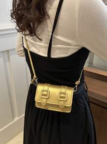 迷你时尚纯色简约翻盖单肩包，适合逛街，钱包，购物，年轻女性，大学生，新人，白领。非常适合办公室，大学，工作，商务，通勤，户外活动，旅行和郊游 - 金色 - 查看 5