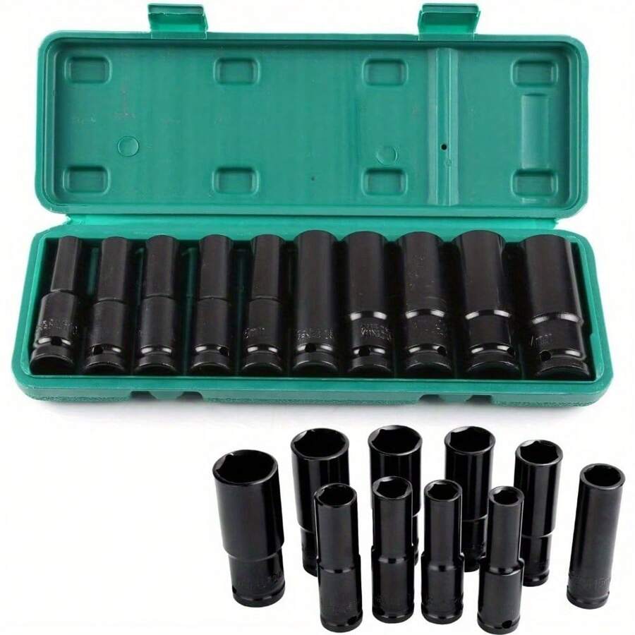 10PCS Impact Socket Set Deep Impact Socket Tool Set Metric Drive Deep Socket Durable Reliable Drive Hex Nuts 1/2 Inch 10-24mm For Professional Repair DIY - Black - View 1