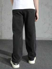 Teens & Teen Boy Embroidered Washed Casual Jeans, Wide Leg & Straight Fit, For Spring & Autumn - Black - View 2