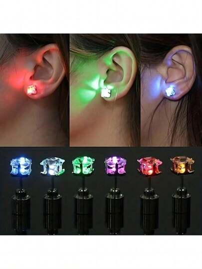 A Pair Of LED Flashing Color Changing Earrings, Luminous Earrings, Diamond Crown Earrings, Pendant Earrings, Stainless Steel, Men's Earrings, Women's Earrings, Gifts, Party Supplies