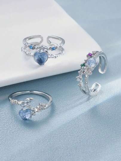 3pcs Y2K Floral Heart Rhinestone Rings Set, Creative Gift, Elegant Jewelry Series For Daily, Party, Vacation