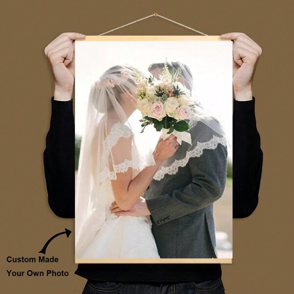 Personalized Solid Wood Hanging Scroll Painting Wedding Anniversary Gifts Family Pets Photo Canvas Poster And Prints Wall Art With Scroll Framed For Living Room Bedroom Playroom Decoration, Valentine Day, Valentine Day Decor Birthday Graduation