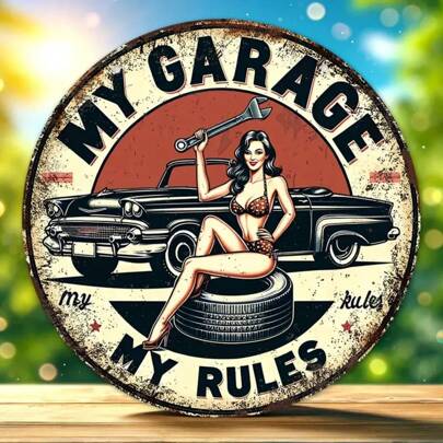 1 peça de decoração de parede em metal, 20cm x 20cm, placa vintage colecionável de oficina mecânica completa, presente de aniversário para homens, decoração para sala de jogos, centro de mesa para guirlanda, decoração retrô redonda, presente para amigos, decoração de casa exclusiva, furos em posições aleatórias.