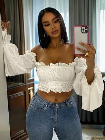 大码夏日假期纯色露肩荷叶边衬衫