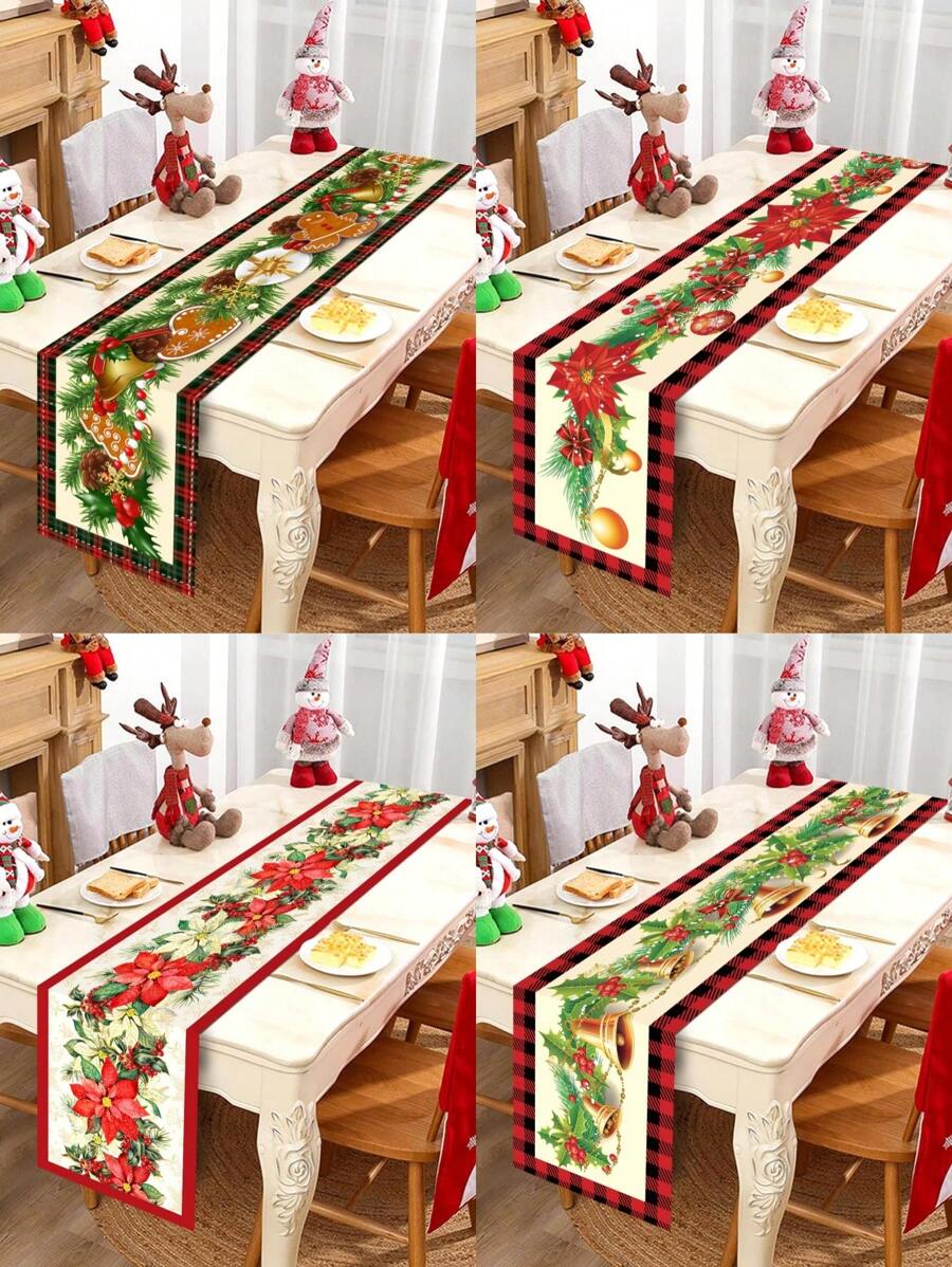 1 件圣诞主题桌旗，圣诞老人姜饼人红花金铃图案，圣诞快乐，适合圣诞派对装饰、客厅墙壁装饰、万圣节、万圣节装饰 - 彩色 - 查看 1