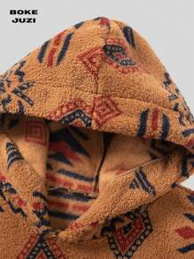 Men's Totem Print Kangaroo Pocket Sherpa Fleece Hooded Sweatshirt, Men's Teddy Fleece Geometric Pattern Long Sleeve Pullover Sweater - Coffee Brown - View 3