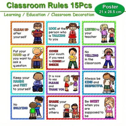 15 PCS A4 Classroom Rules Posters - Comprehensive Behavior Management Chart Set, Teacher Essentials For School & Homeschool, Listen Clean Up Be Kind Share, Kids Visual Learning Decor, Kindergarten Elementary Back To School Teach Supplies