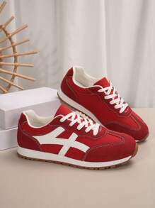 2025 秋季女款毛绒拼接系带厚底运动鞋，新款轻便厚底休闲运动鞋，春秋季户外运动风格学生鞋 - 紅色 - 查看 4