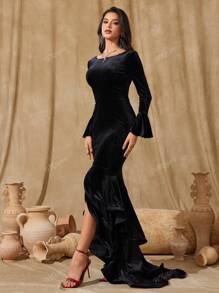 女士纯色性感露背水钻装饰不对称鱼尾派对礼服，黑色长袖正式晚礼服，适合婚礼嘉宾、毕业典礼、晚宴