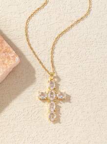 1pc Stainless Steel 18K Plated Cross Pendant Necklace With Colorful Crystals, Fashionable & Exquisite, Suitable For Party, Date, Office Wear - Yellow Gold - View 11