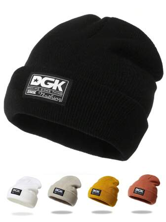 1pc Men's Winter Warm Knitted Hat With Fabric Label, Unisex Cold Proof Hat Suitable For Outdoor Skiing Beanie Fall Outfit